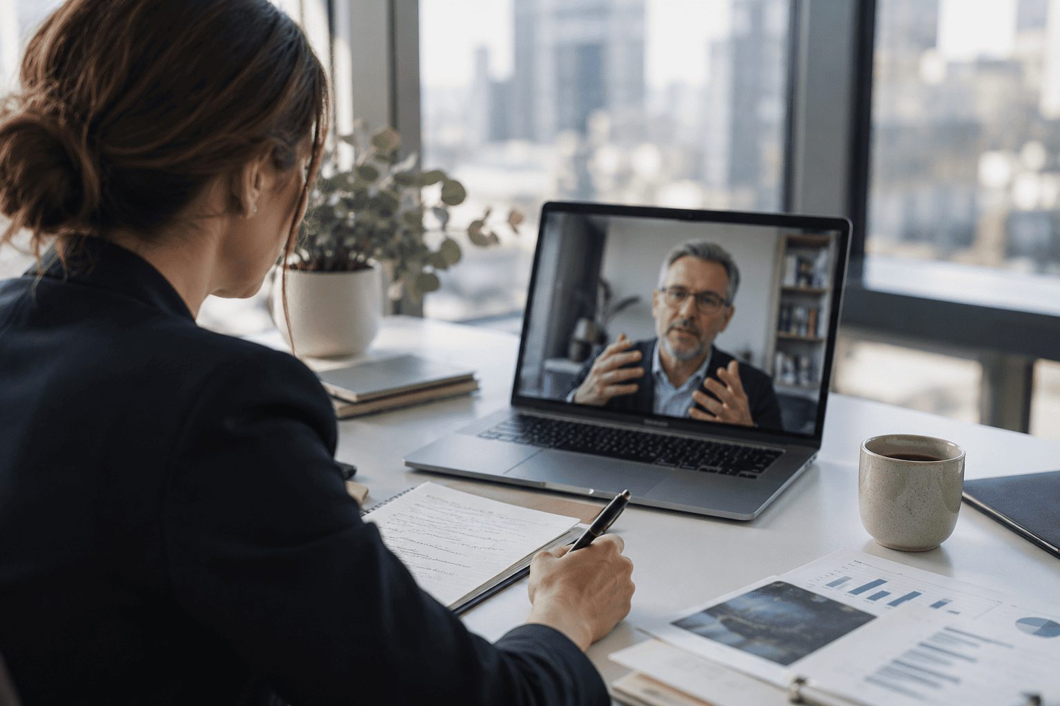 A consultant taking notes during a video call with an industry expert